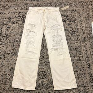 White Distressed denim jeans low rise wide leg